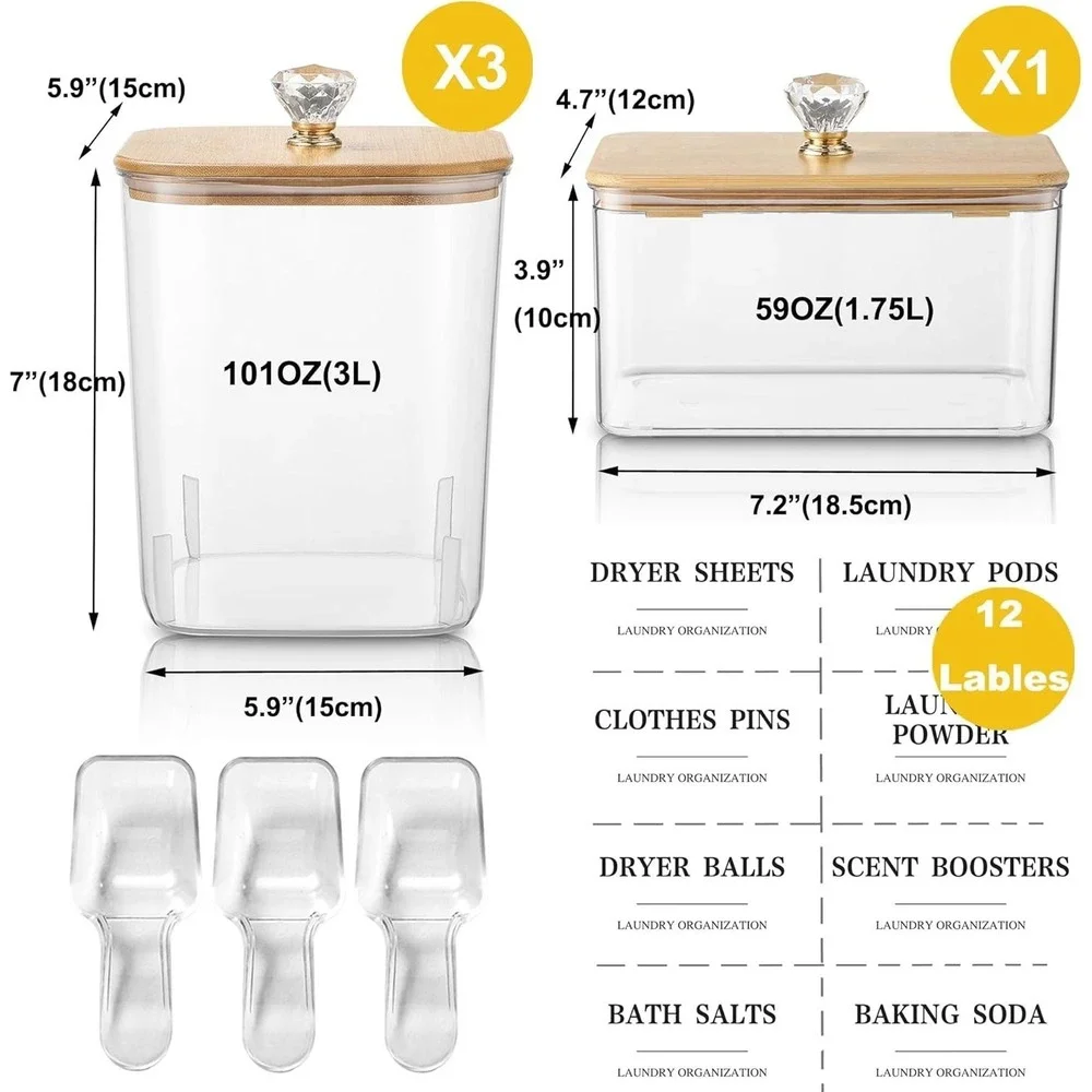 4 Pack Clear Laundry Pods Container & Dryer Sheet‎ Holder Set with Lid